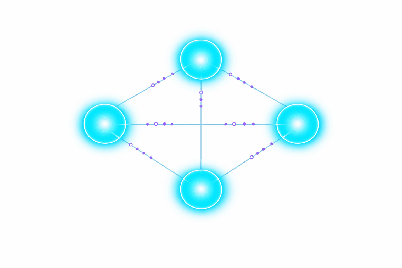 Four glowing nodes connected in a diamond pattern representing autonomous agents collaborating